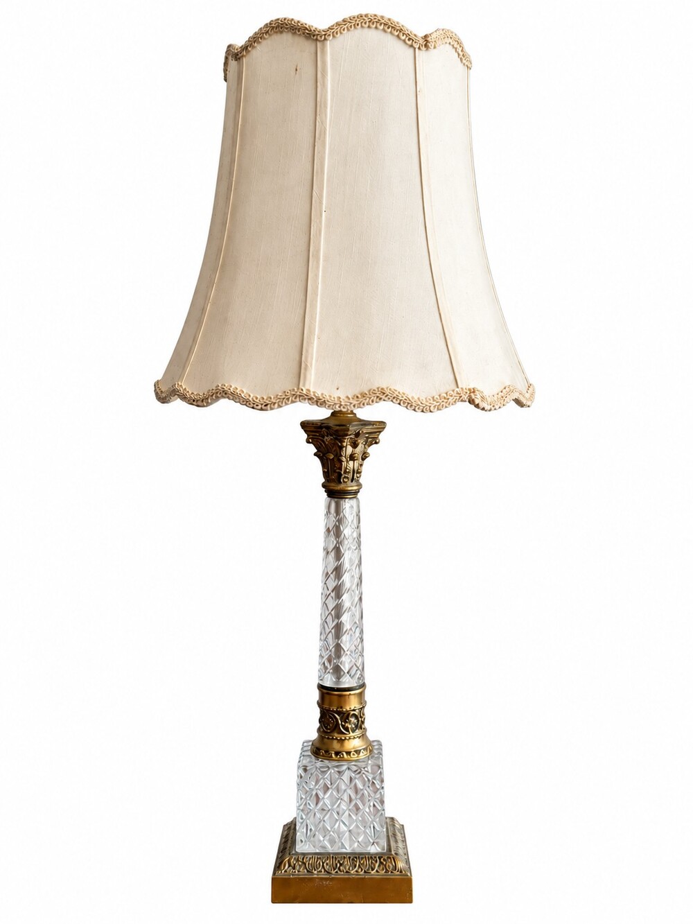 Hollywood Regency Table Lamp Diamond Pattern Brass Crystal